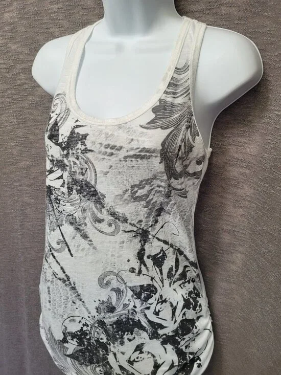 Y2K Girly Grunge Gray Rose Graphic Tank Top Sleeveless Racerback Boho Ruched - Picture 12 of 16